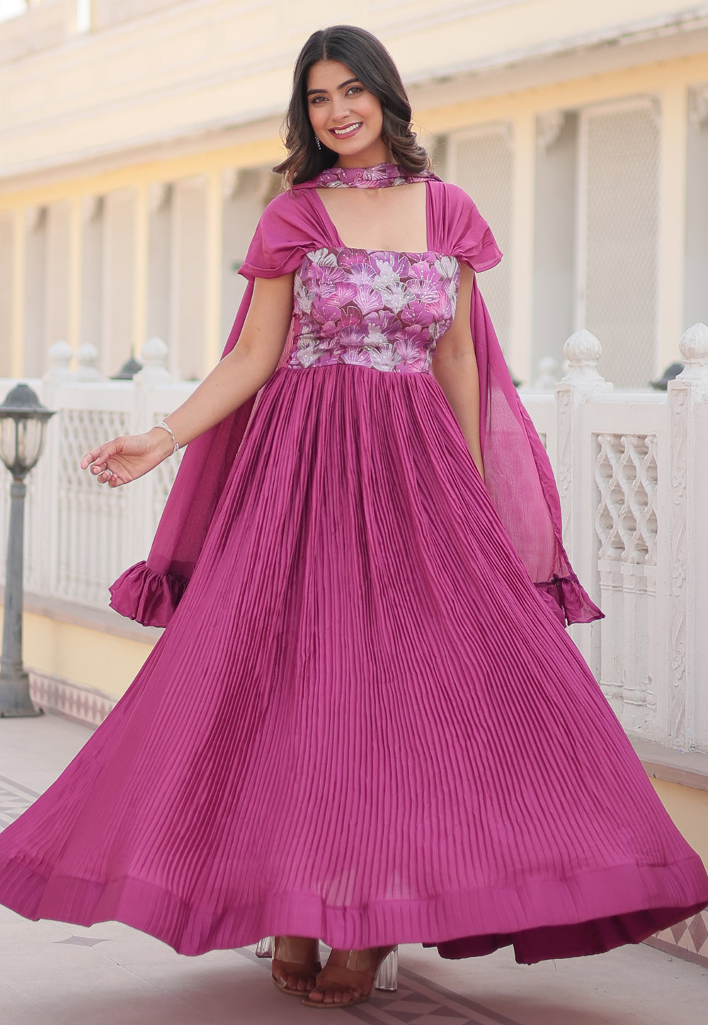 Pink Chinon Readymade Long Anarkali Suit 286642