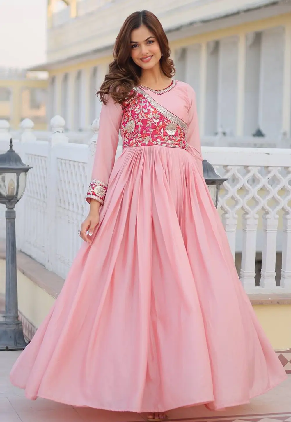 Pink Chinon Readymade Long Anarkali Suit 303189