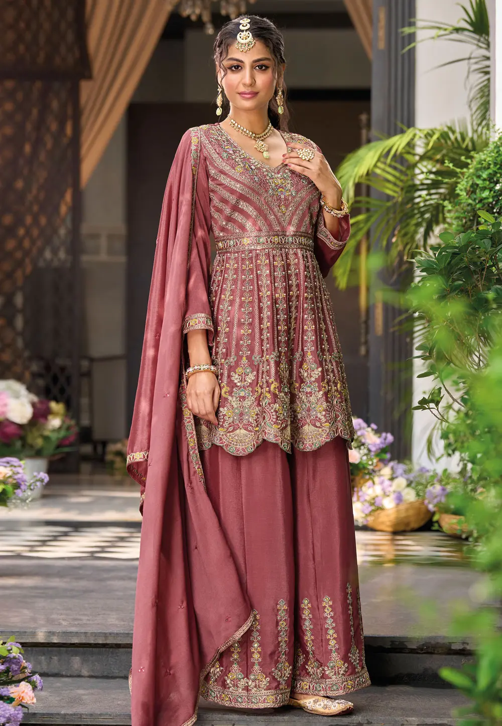 Pink Chinon Readymade Palazzo Suit 298554