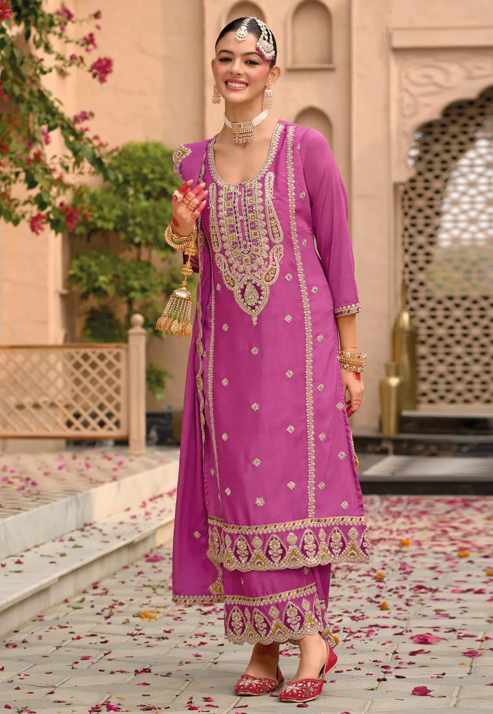 Pink Chinon Readymade Palazzo Suit 303514