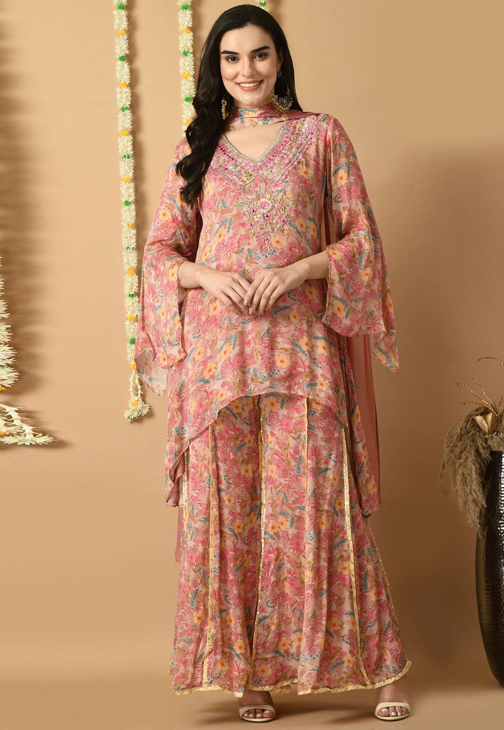 Pink Chinon Readymade Palazzo Suit 305477