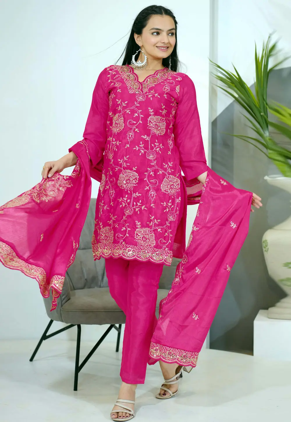 Pink Chinon Readymade Pant Style Suit 303377