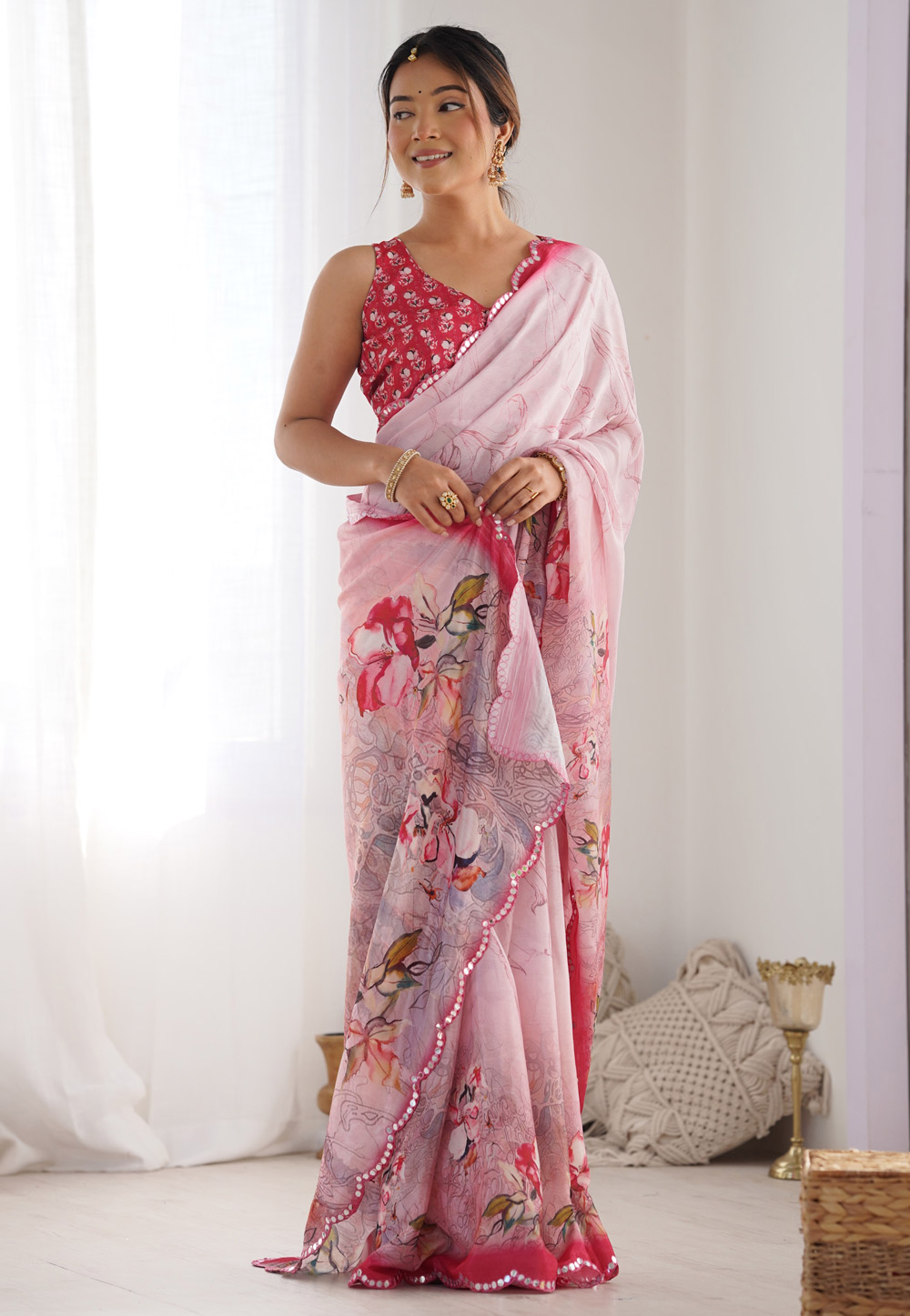 Pink Chinon Saree With Blouse 308749