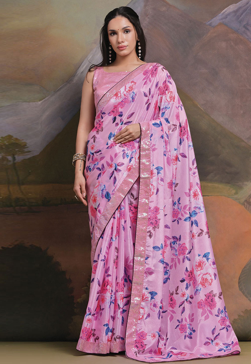 Pink Chinon Saree With Blouse 279465