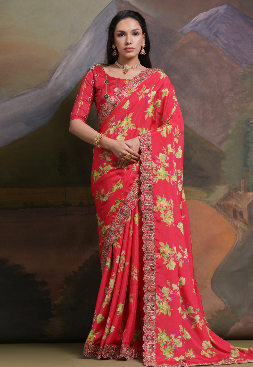 Pink Chinon Saree With Blouse 283416