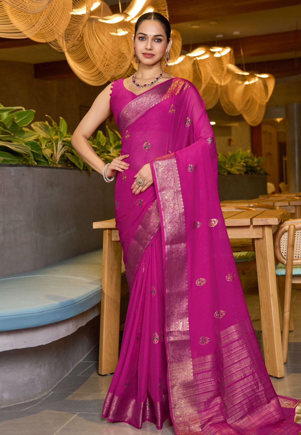 Pink Chinon Saree With Blouse 309638