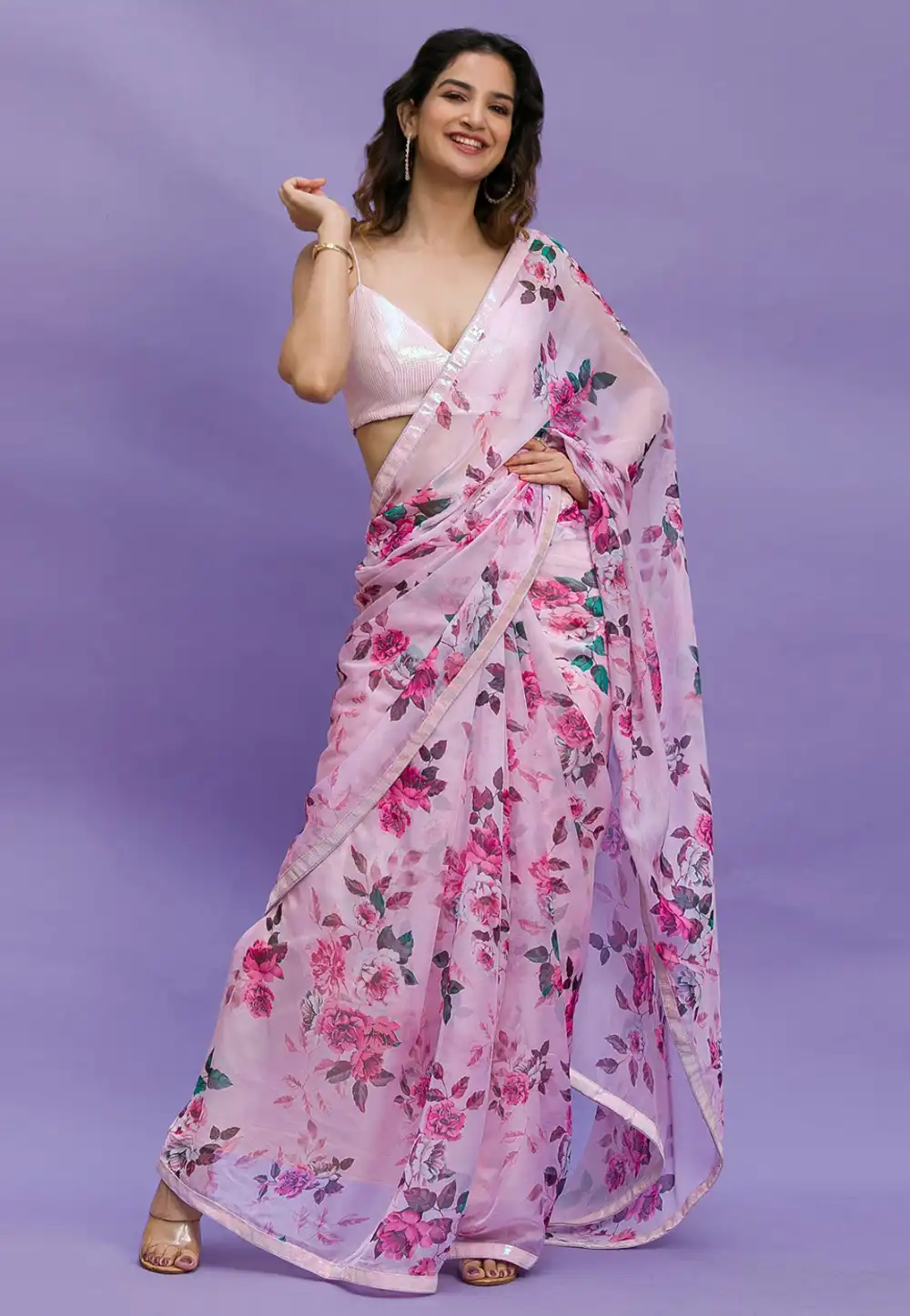 Pink Chinon Saree With Blouse 291453