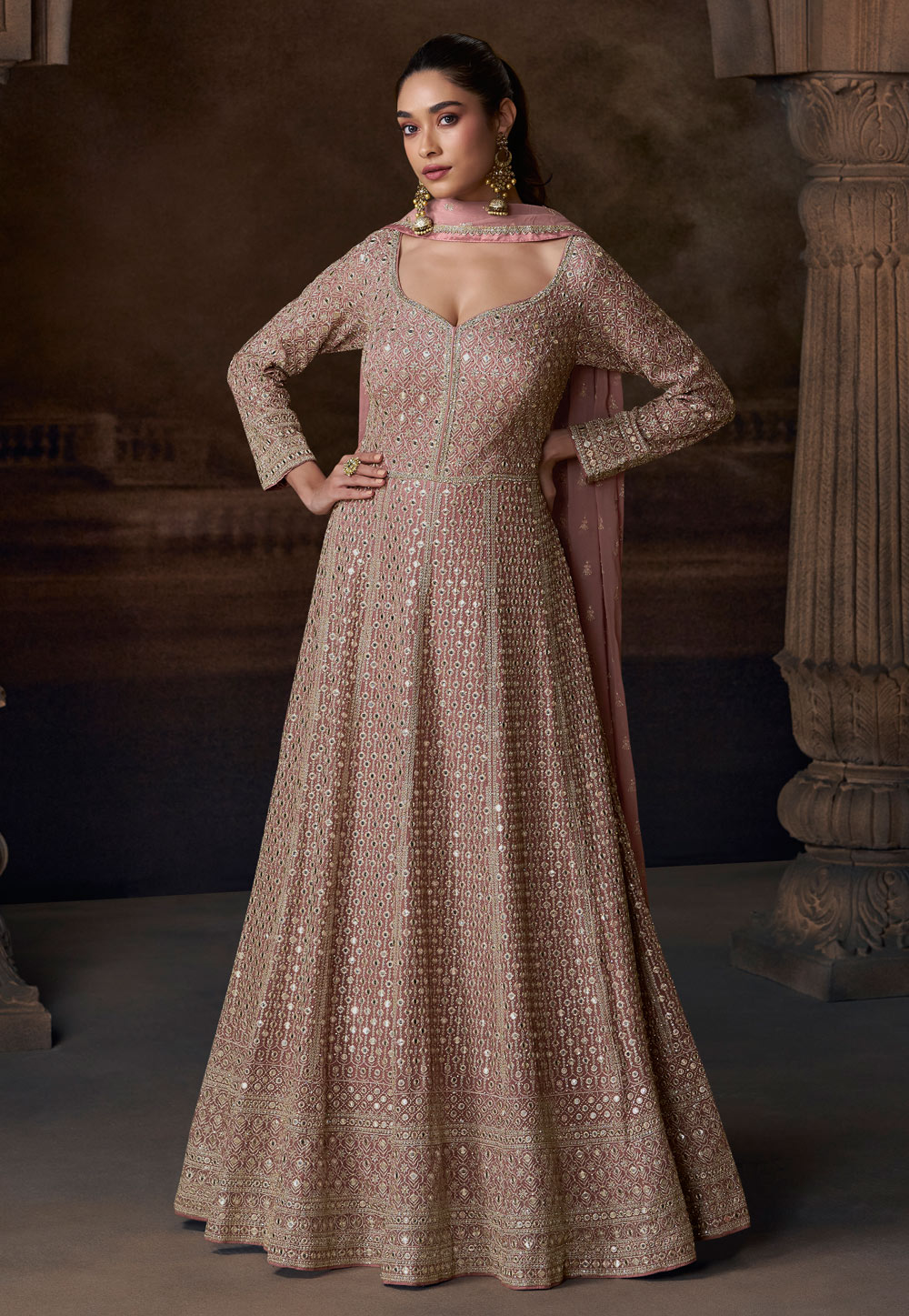 Pink Chinon Silk Embroidered Long Anarkali Suit 306215