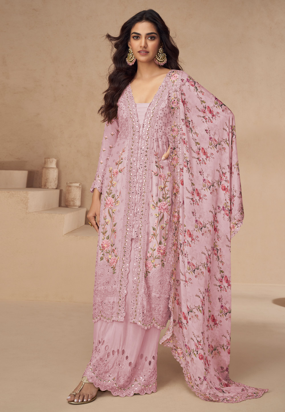Pink Chinon Silk Embroidered Pakistani Suit 309334