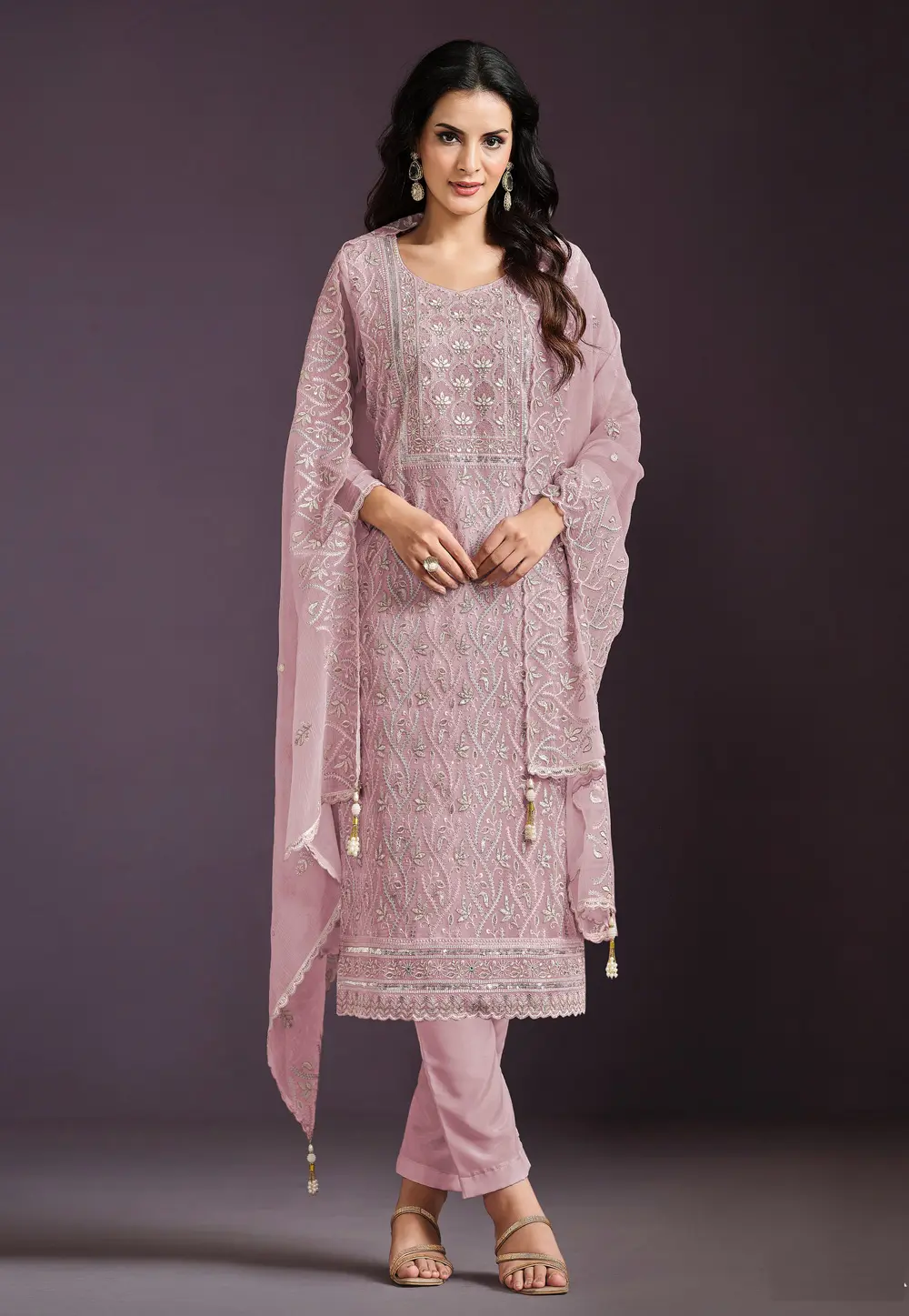 Pink Chinon Silk Embroidered Pant Style Suit 303890