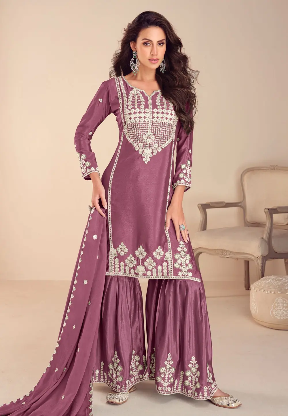 Pink Chinon Silk Gharara Suit 297291