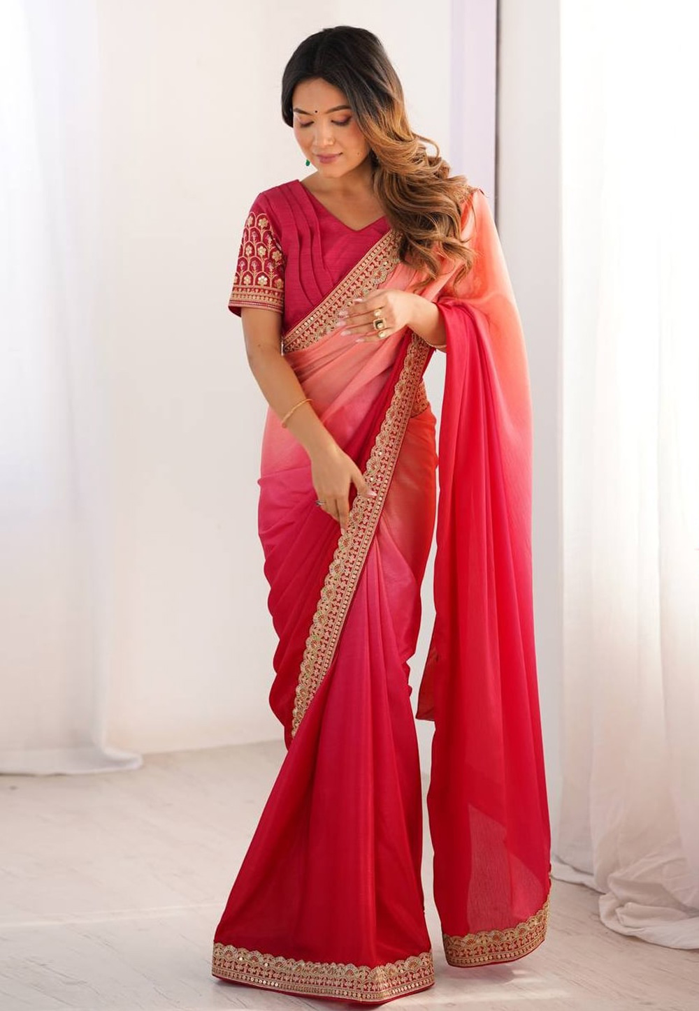 Pink Chinon Silk Half N Half Saree 310660