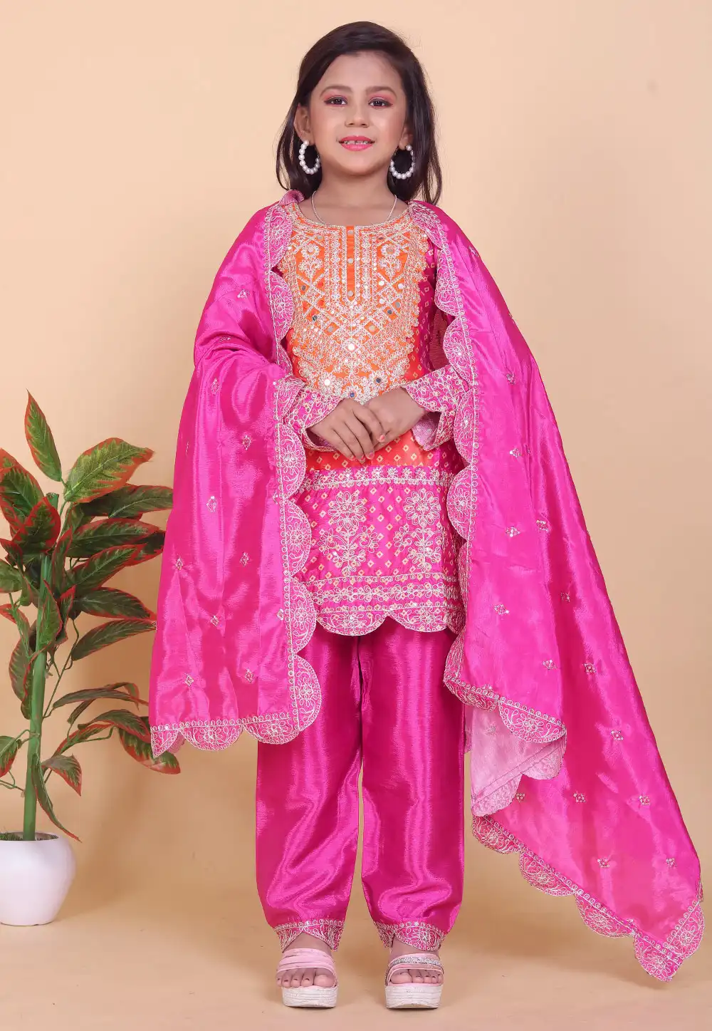 Pink Chinon Silk Kids Pant Style Suit 294749