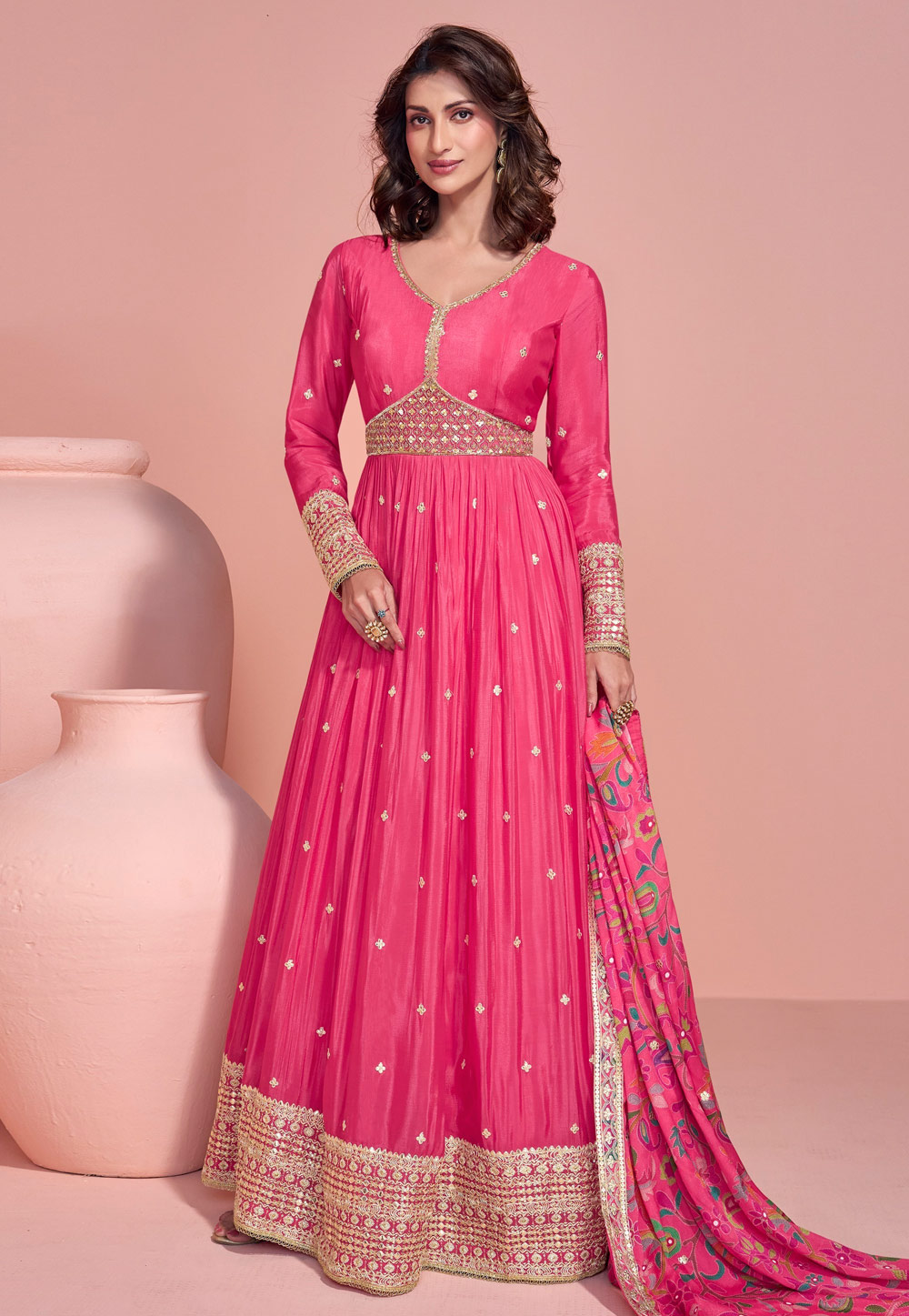 Pink Chinon Silk Long Anarkali Suit 310398