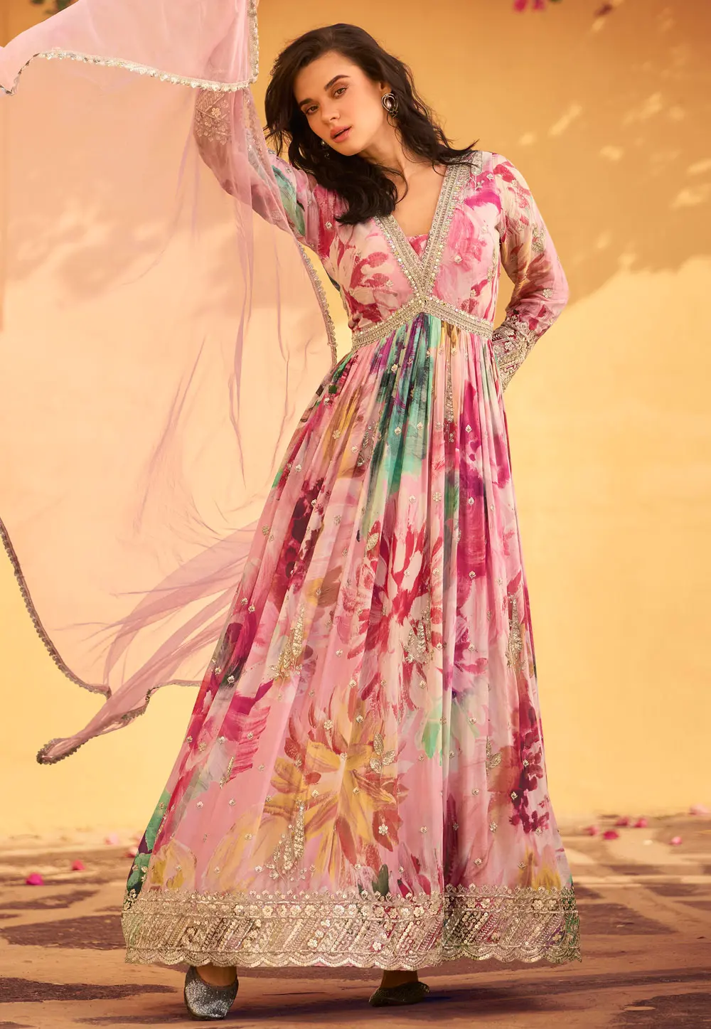 Pink Chinon Silk Long Anarkali Suit 302923