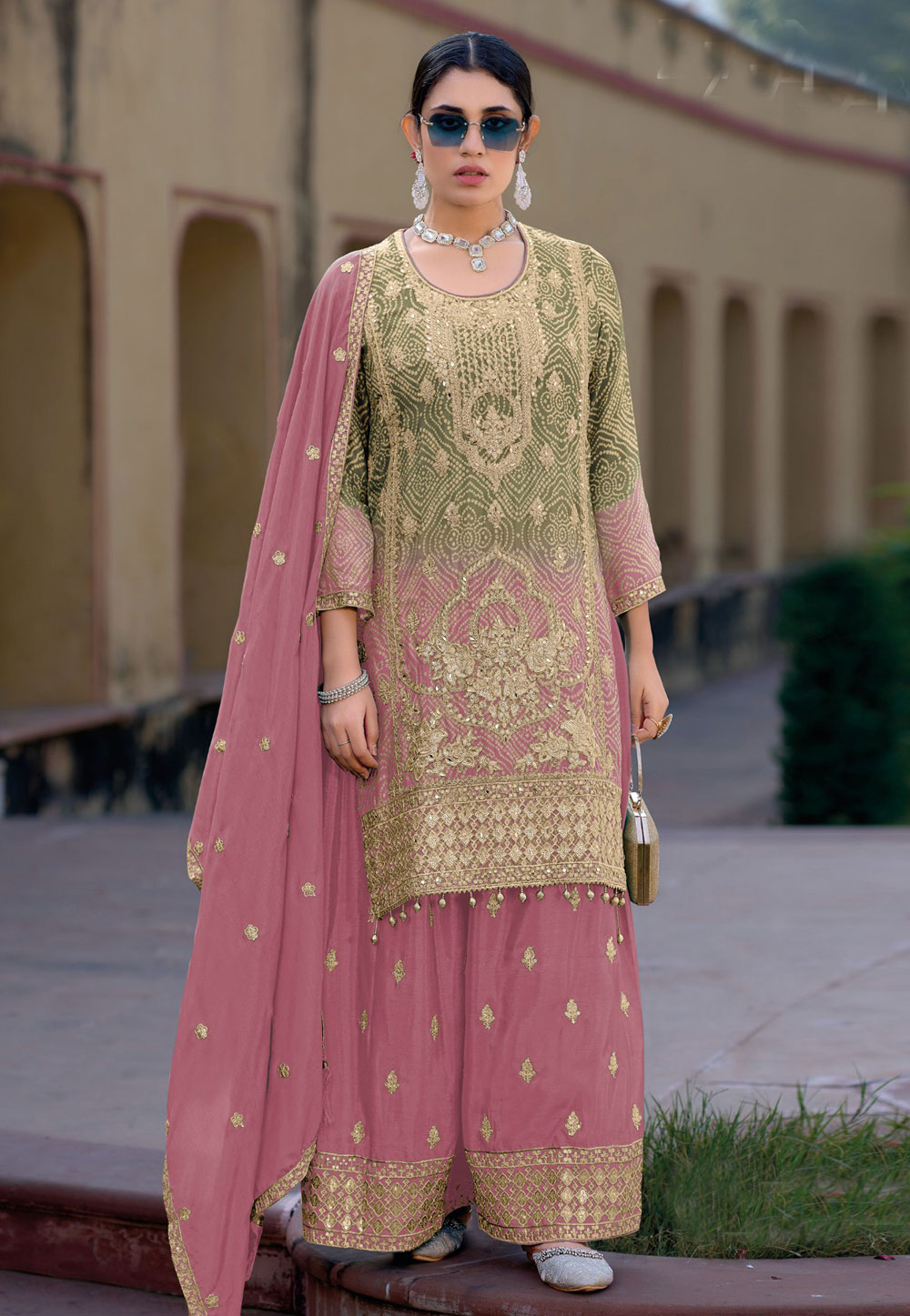 Pink Chinon Silk Palazzo Suit 305532