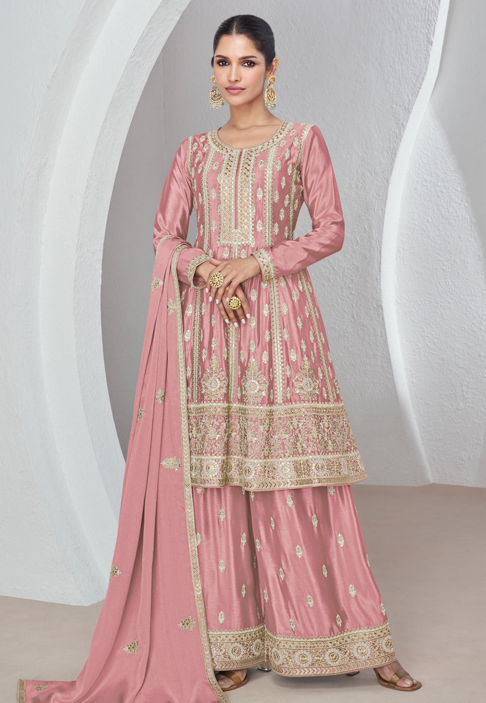 Pink Chinon Silk Palazzo Suit 285670