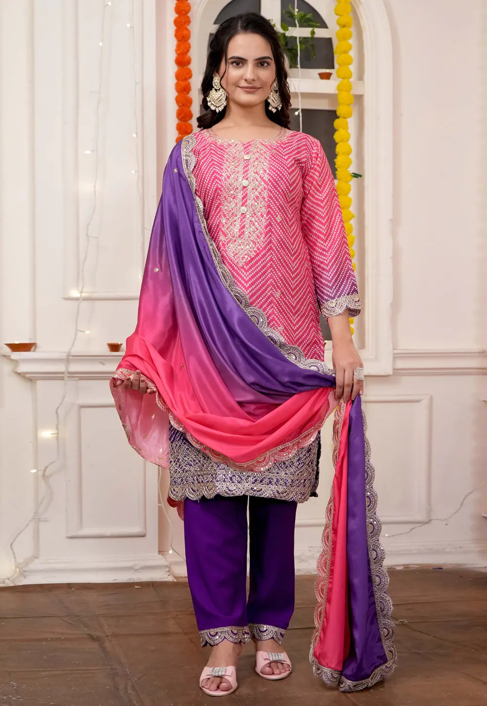 Pink Chinon Silk Readymade Pant Style Suit 298672