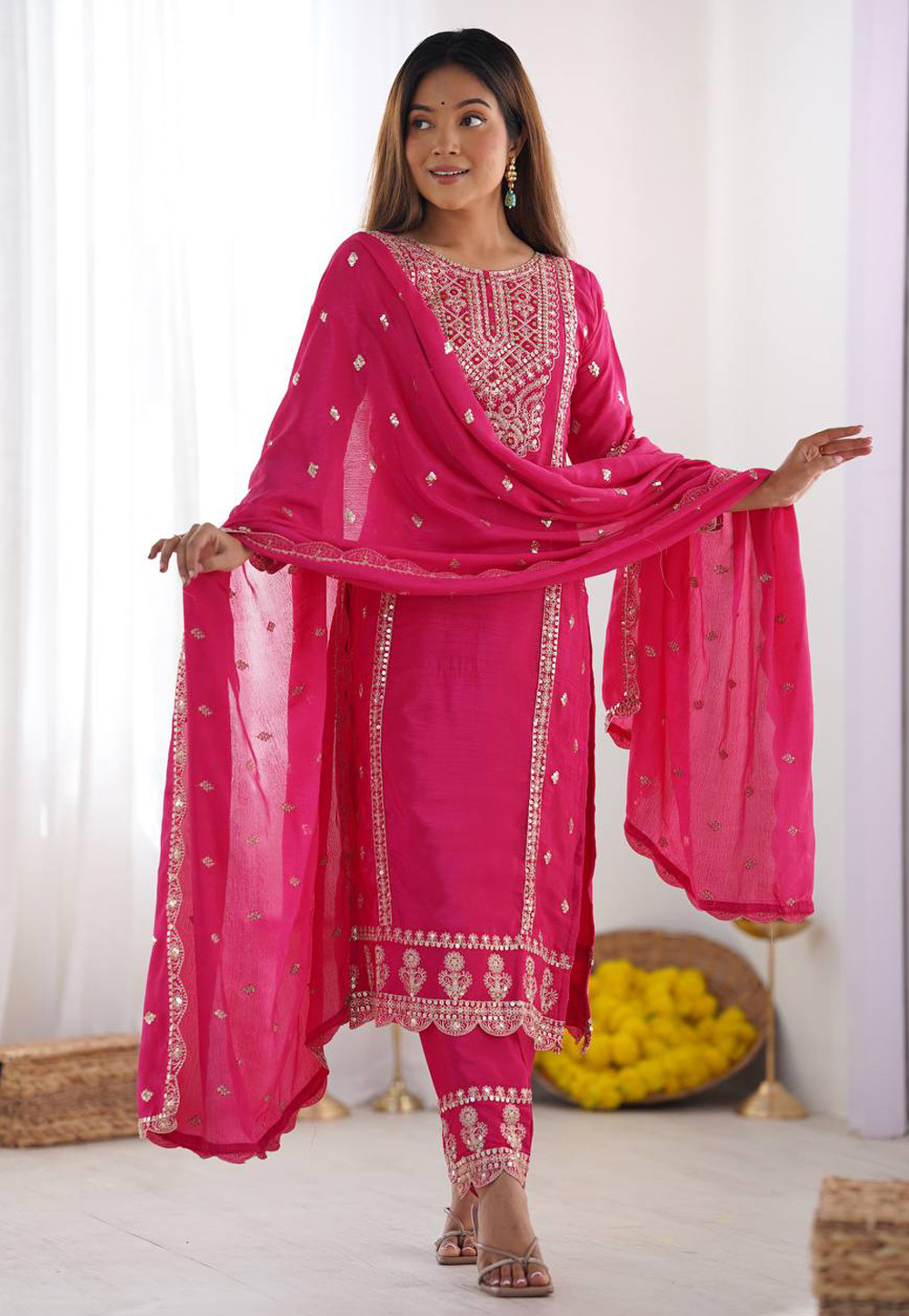 Pink Chinon Silk Readymade Pant Style Suit 306328