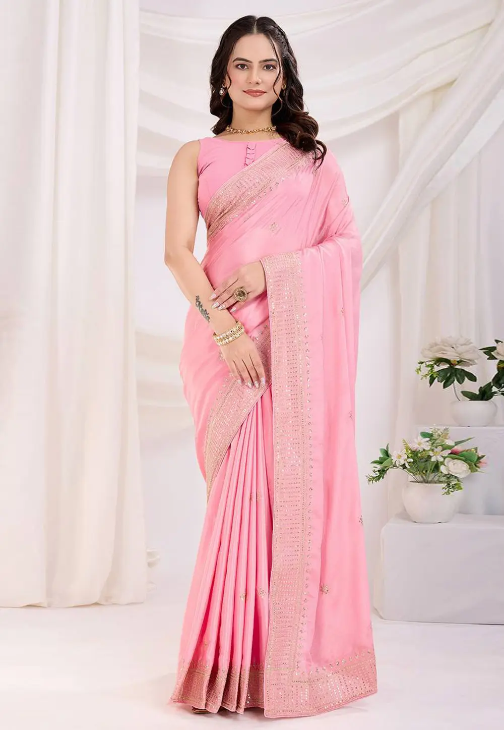 Pink Chinon Silk Saree With Blouse 302840