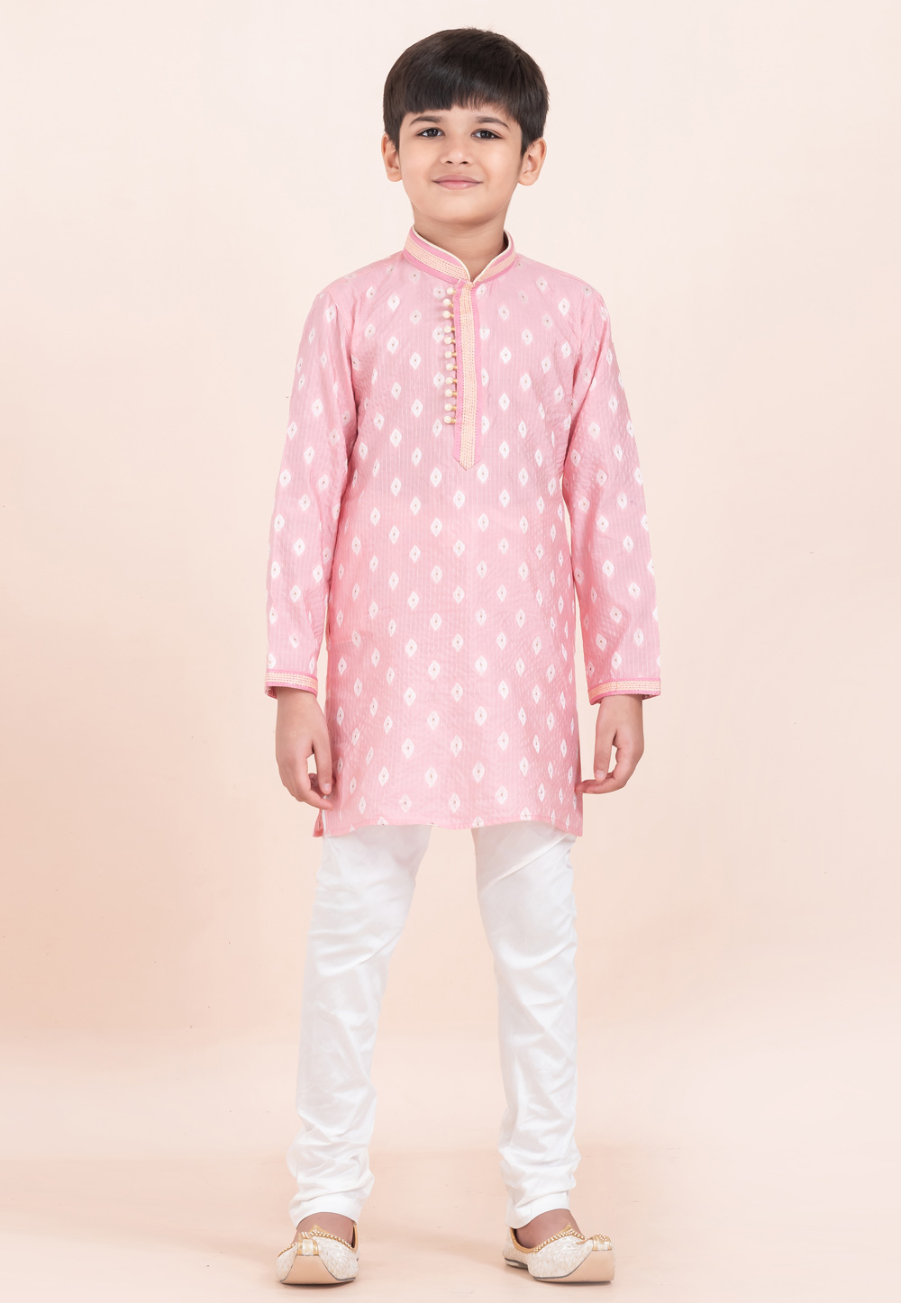 Pink Cotton Jacquard Kids Kurta Pajama 305352