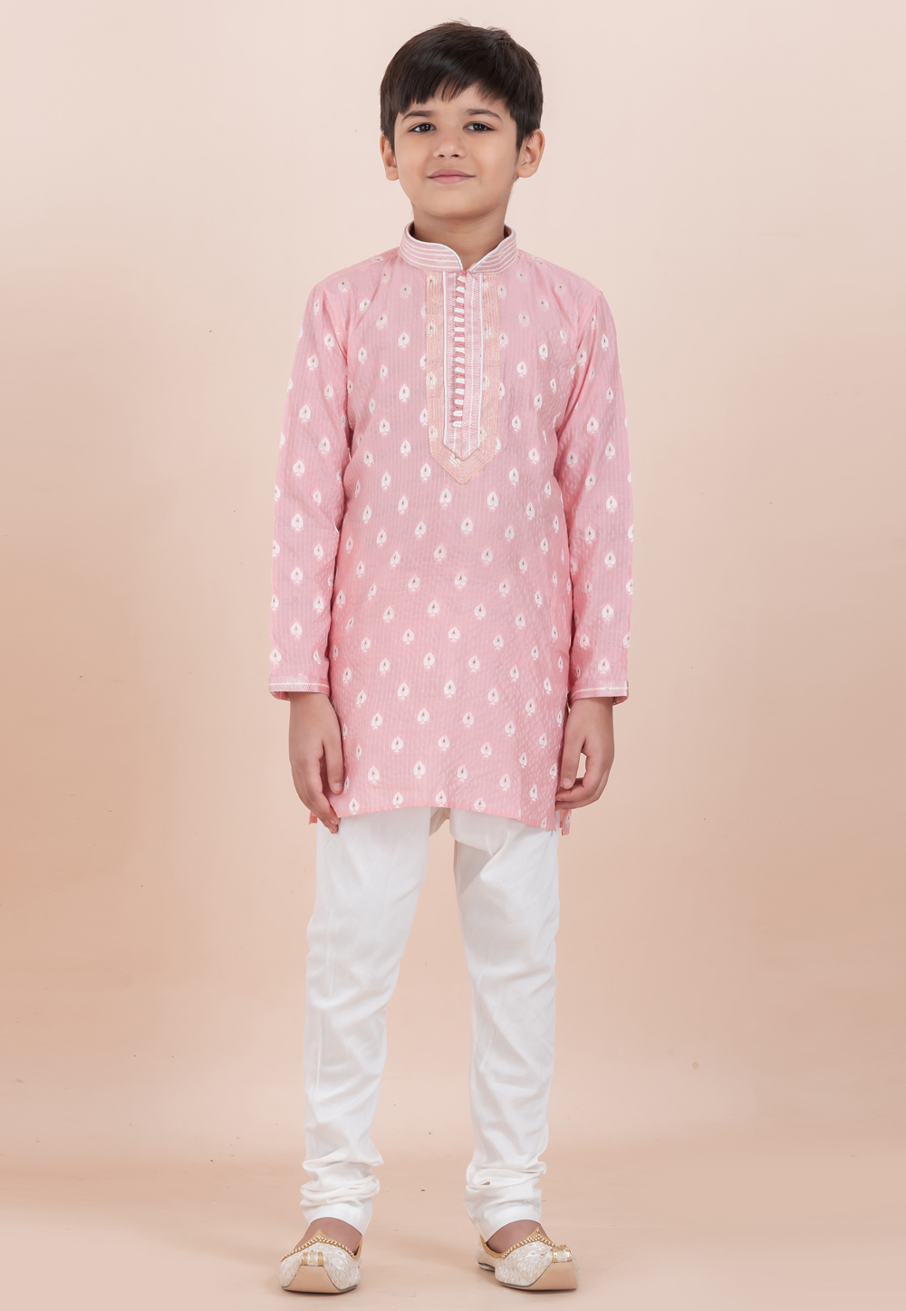 Pink Cotton Jacquard Kids Kurta Pajama 305982