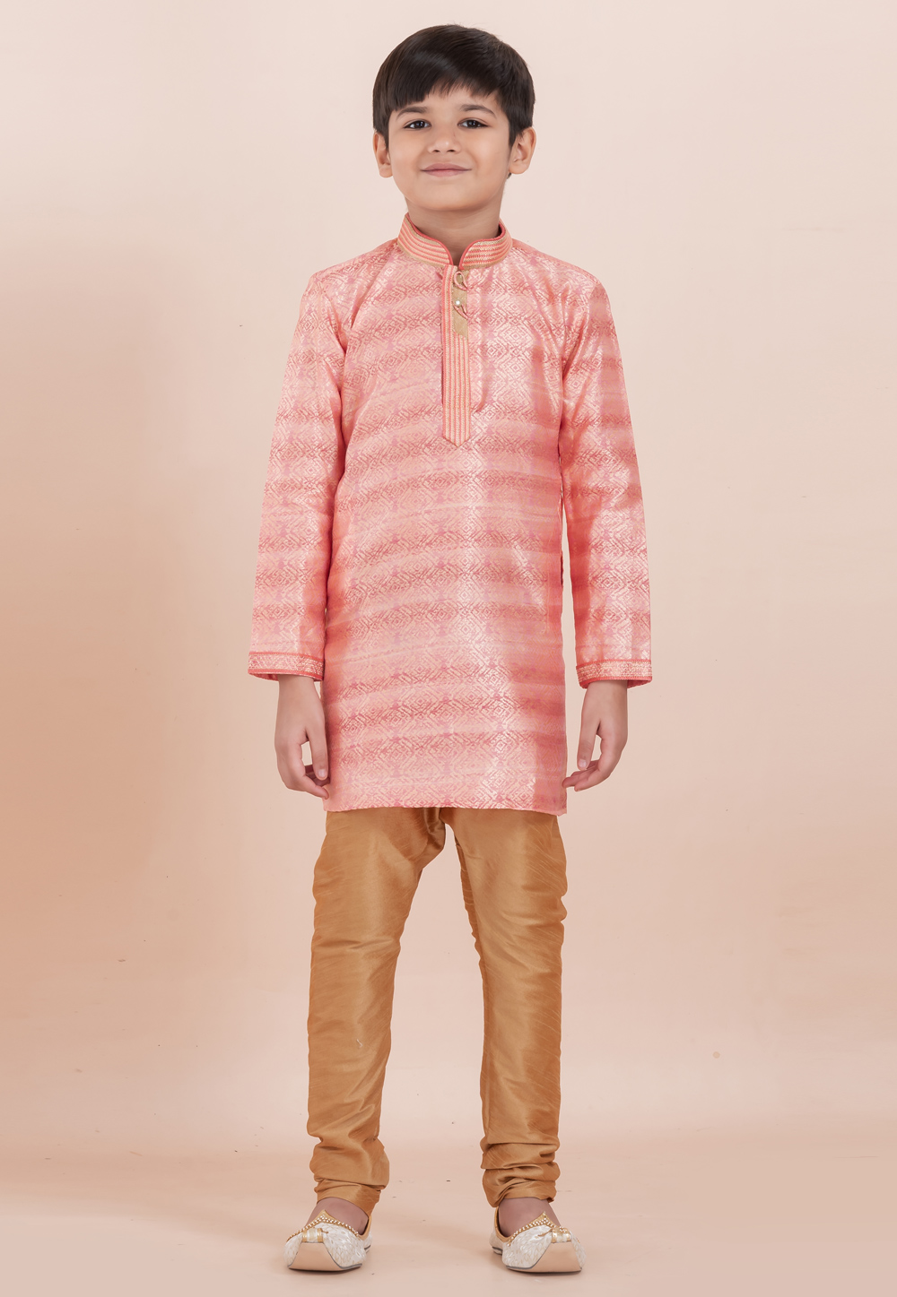 Pink Cotton Jacquard Kids Kurta Pajama 305996