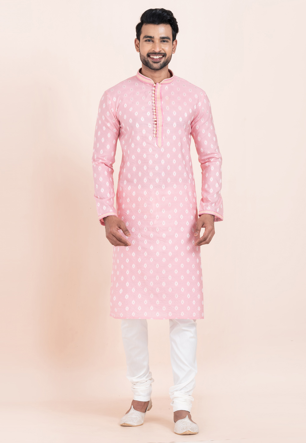 Pink Cotton Jacquard Kurta Pajama 305169