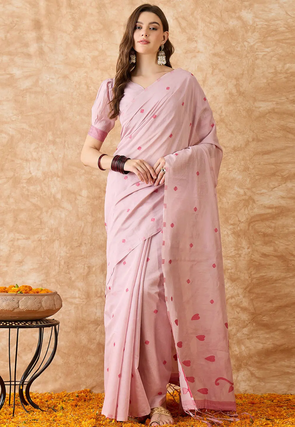 Pink Cotton Jacquard Saree With Blouse 301492