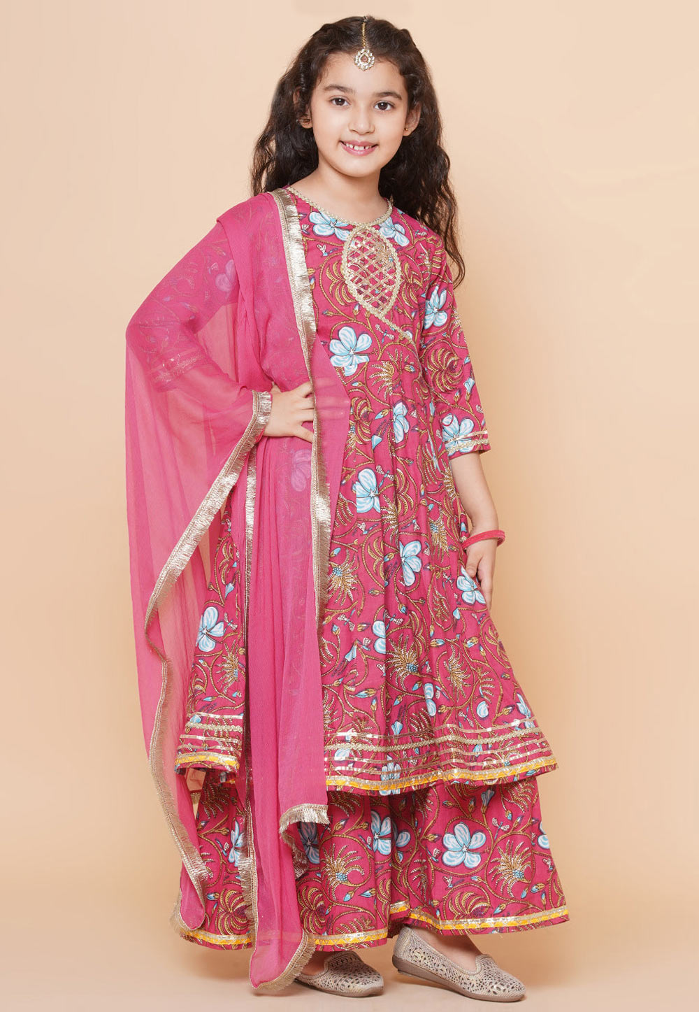 Pink Cotton Kids Sharara Suit 282649