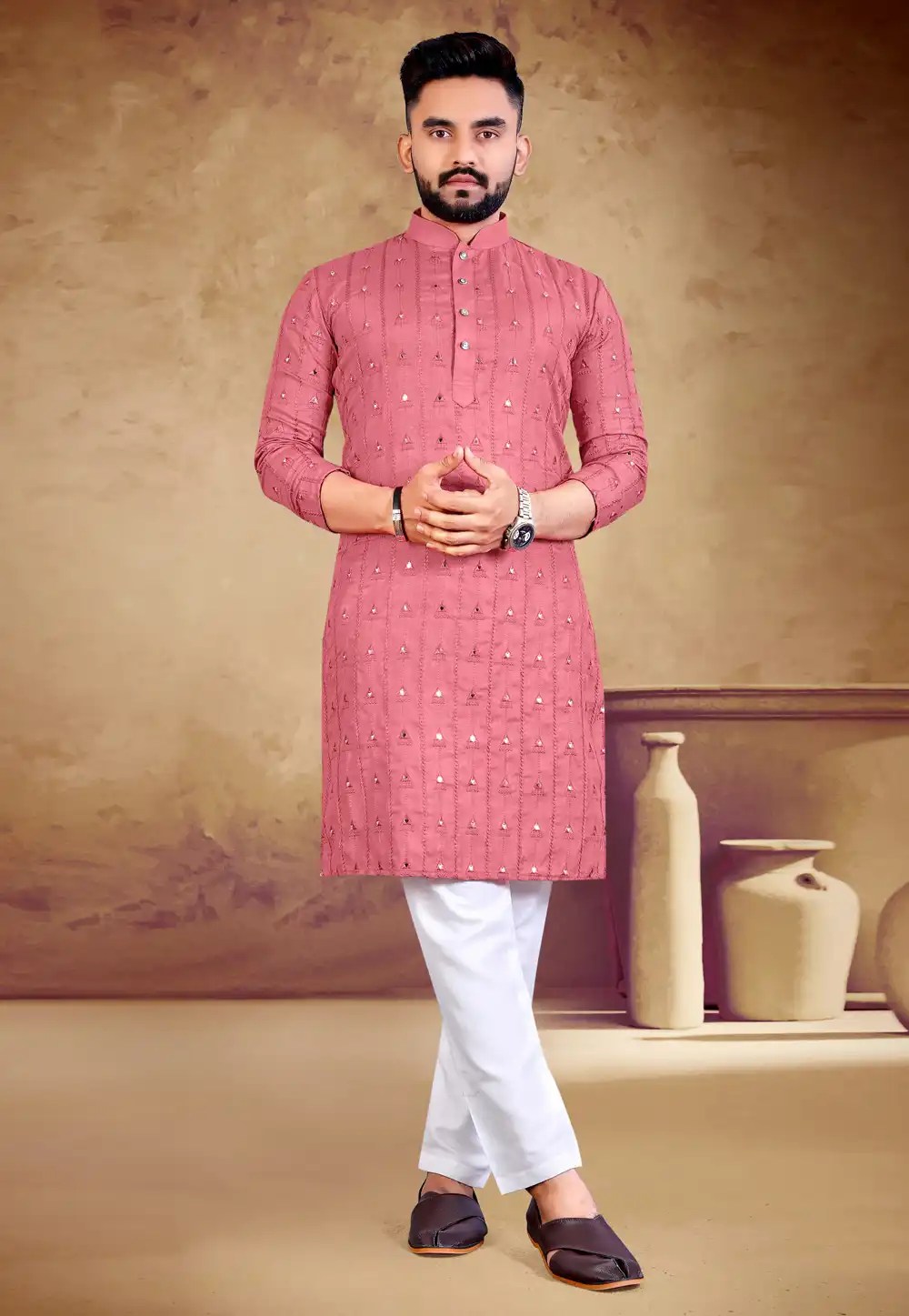 Pink Cotton Kurta Pajama 293419