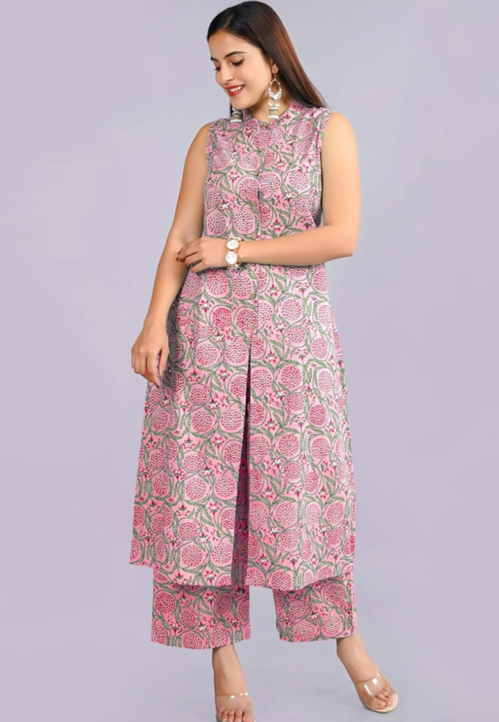 Pink Cotton Kurta Set With Palazzo 309051