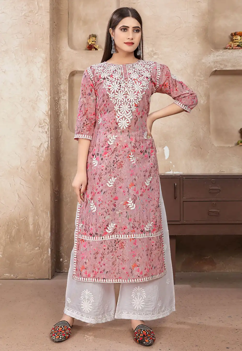 Pink Cotton Kurta Set With Palazzo 288155