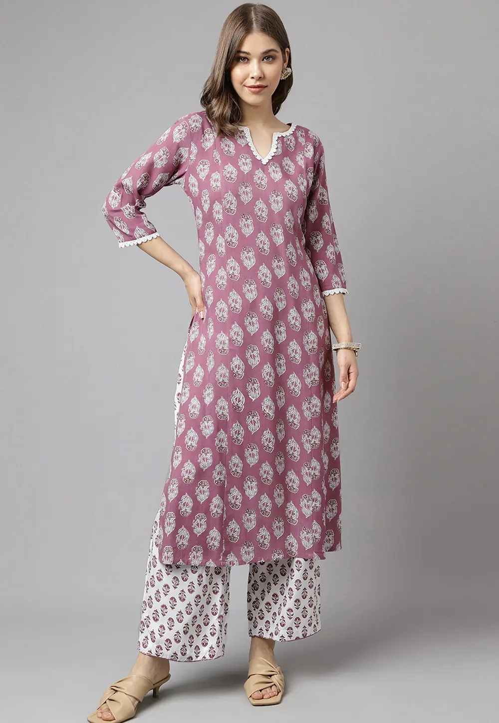 Pink Cotton Kurta Set With Palazzo 301655