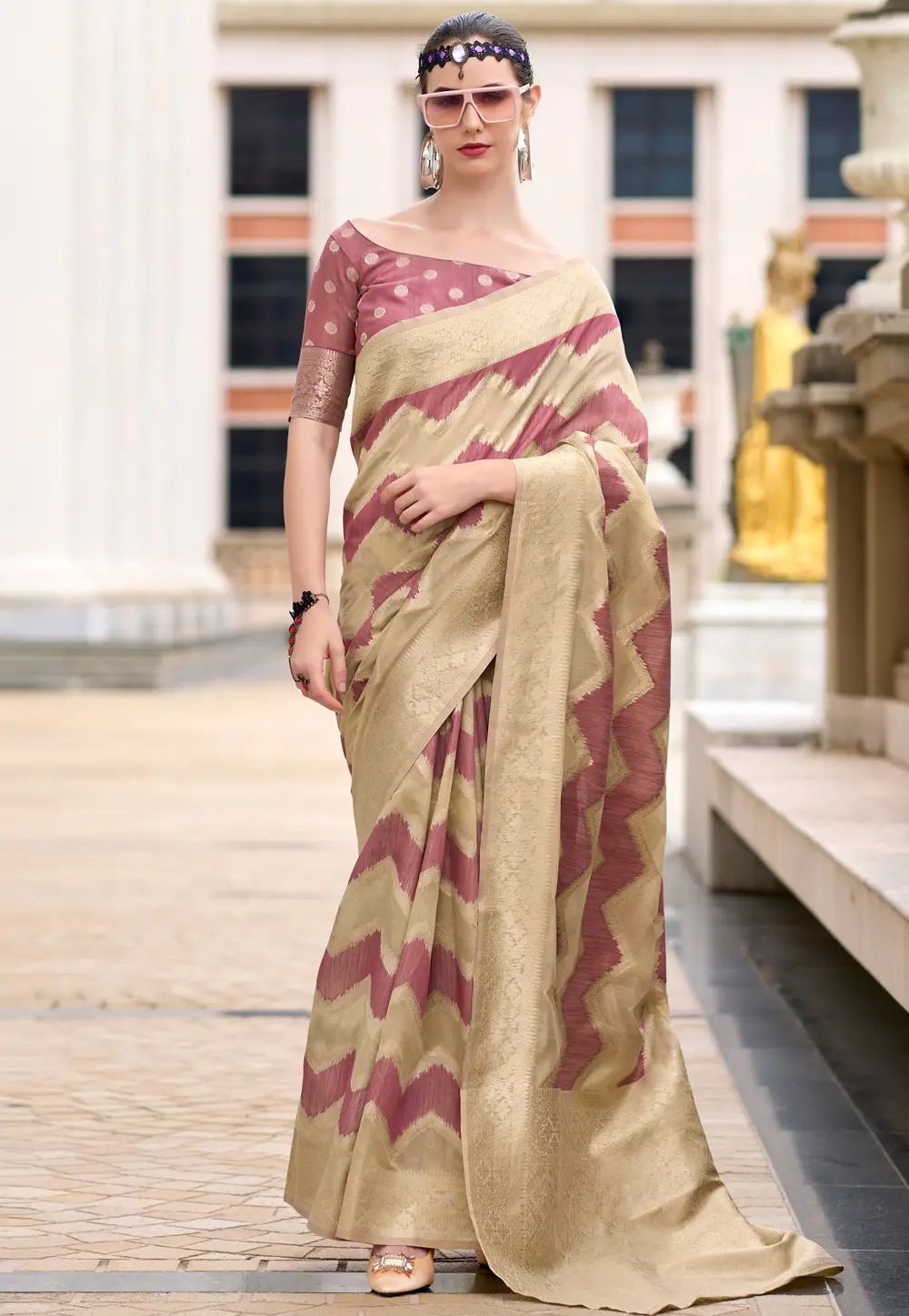 Pink Cotton Linen Saree With Blouse 297218