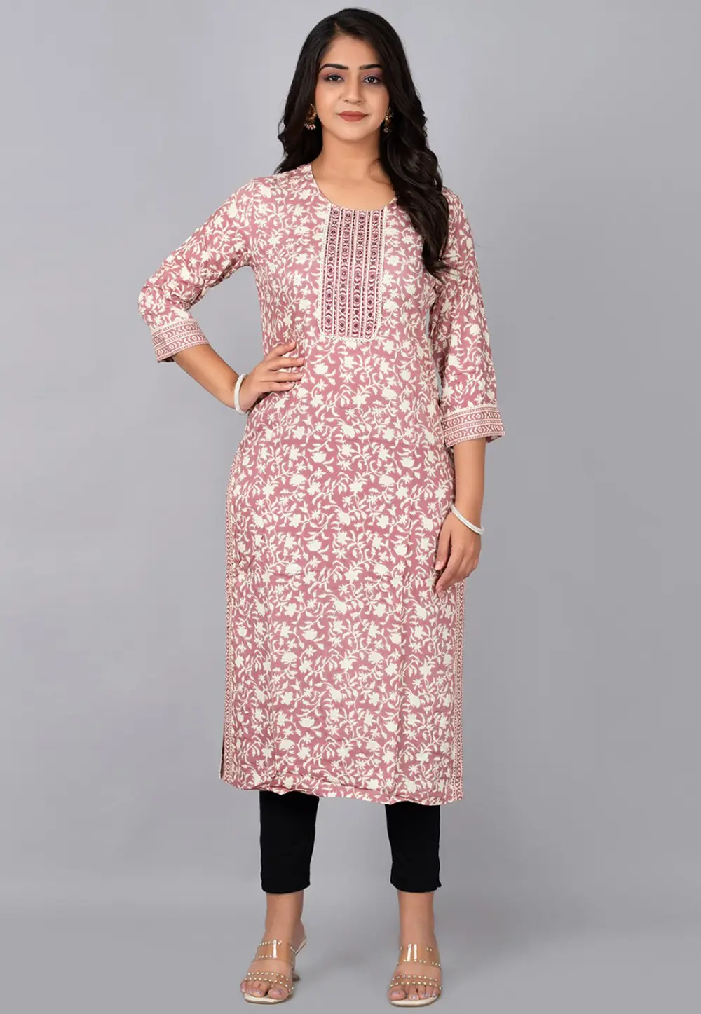 Pink Cotton Printed Long Kurti 302773