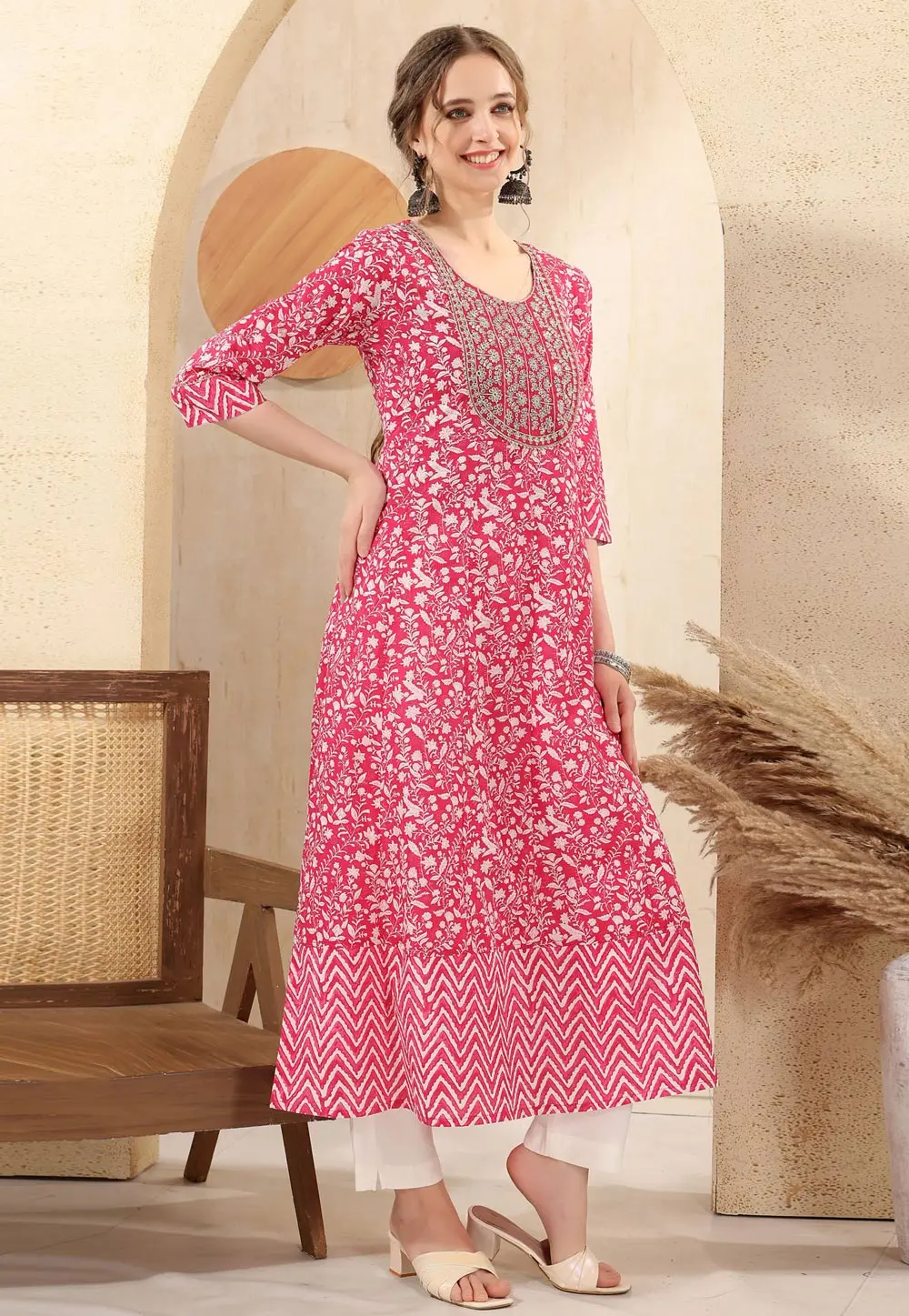 Pink Cotton Printed Long Tunic 301781