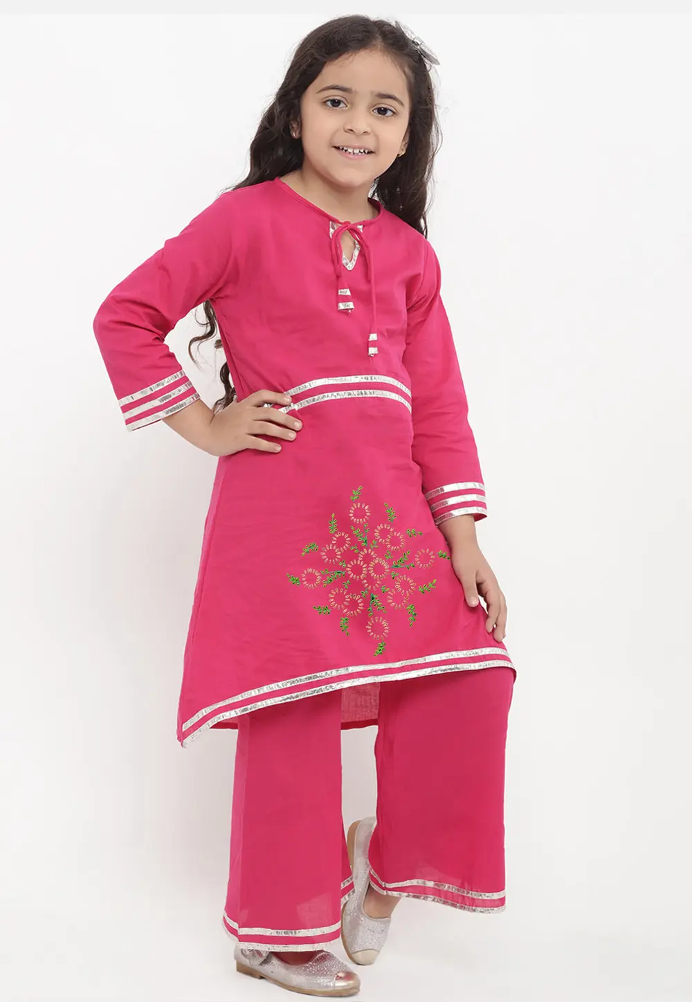 Pink Cotton Rayon Kids Palazzo Suit 301829