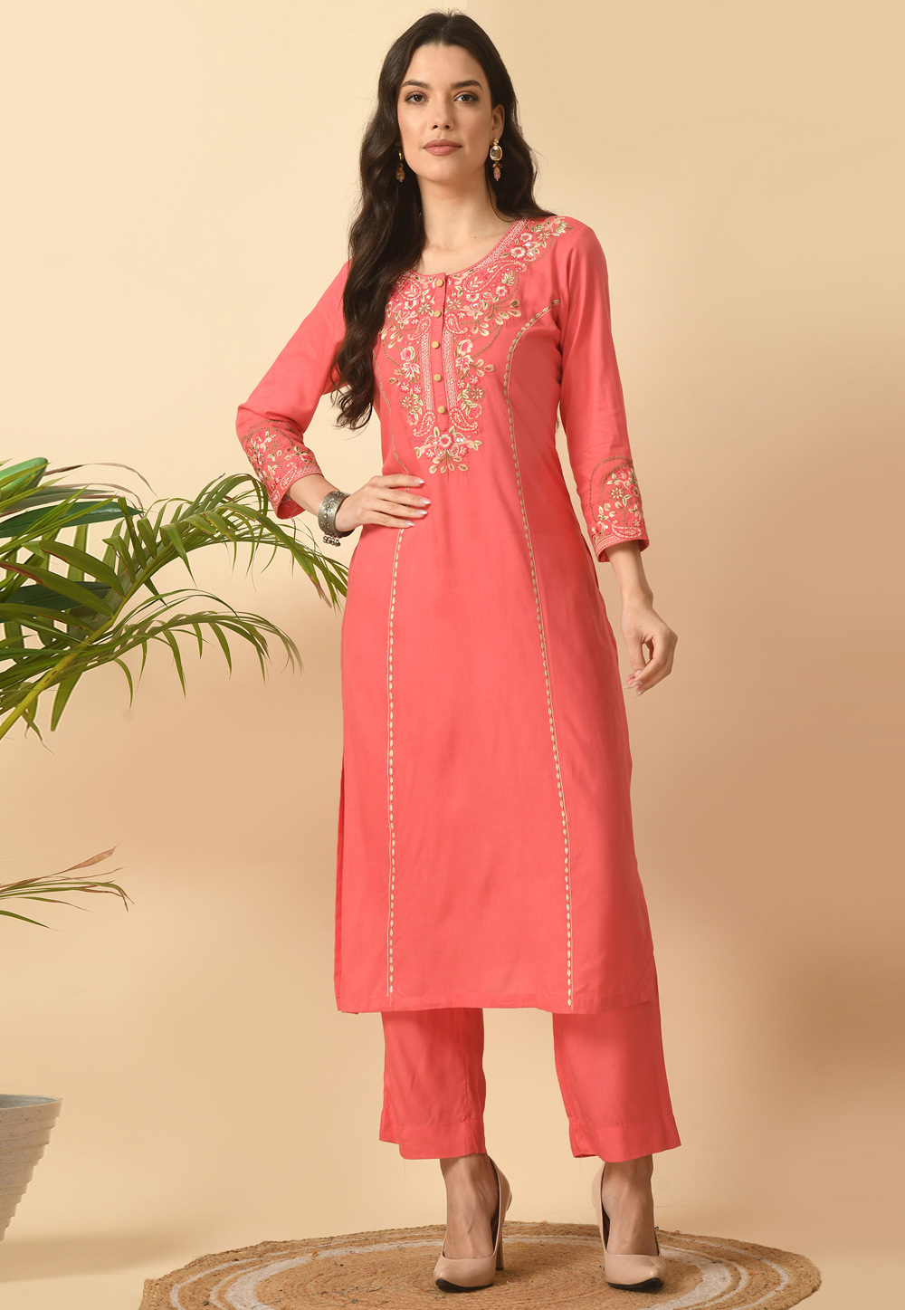 Pink Cotton Rayon Kurta Set With Pent 305483