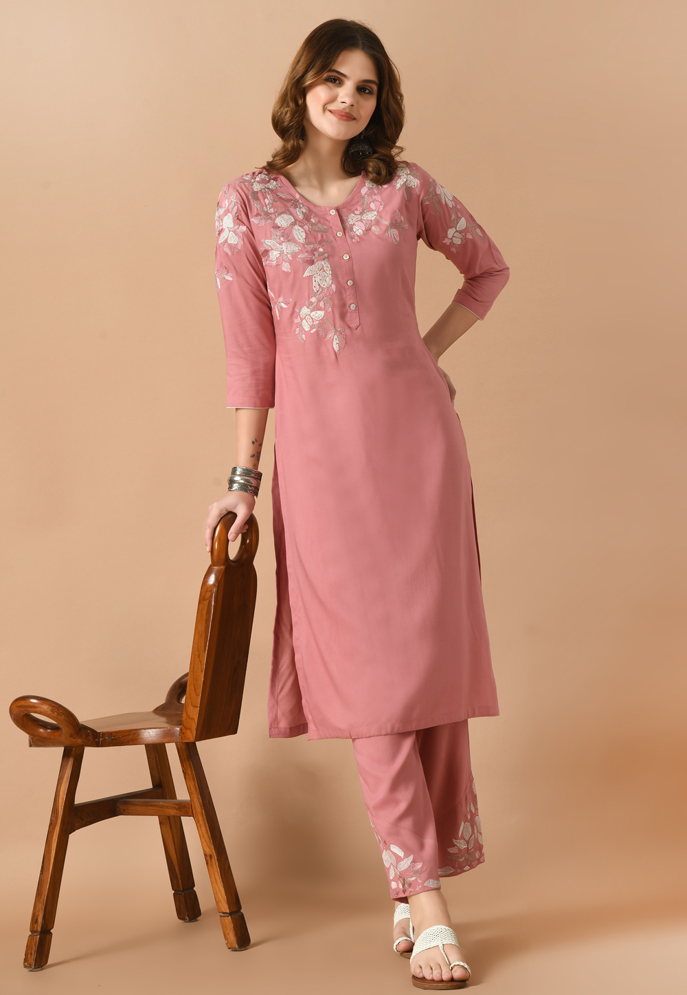 Pink Cotton Rayon Kurta Set With Pent 305495