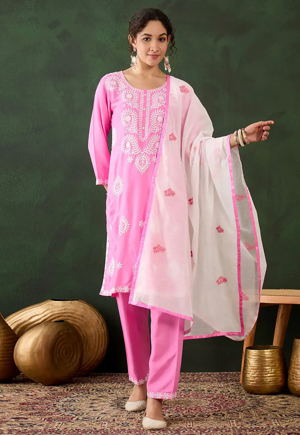 Pink Cotton Rayon Readymade Chikankari Suit 294394