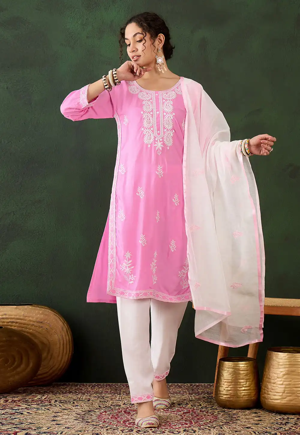 Pink Cotton Rayon Readymade Chikankari Suit 294385