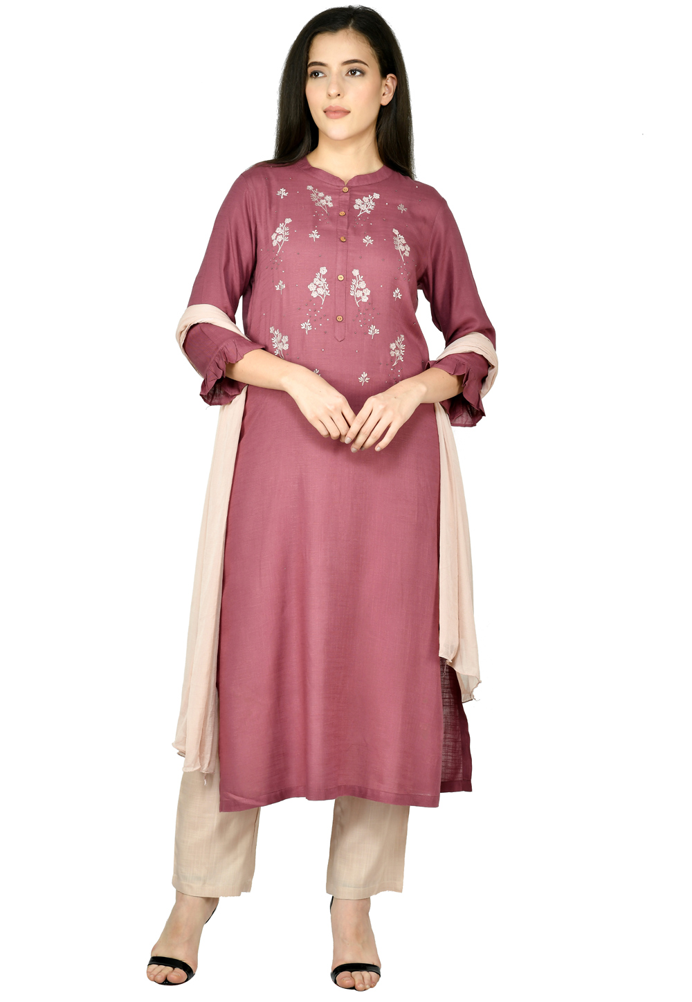 Pink Cotton Rayon Readymade Pant Style Suit 305460