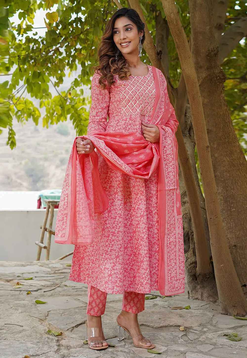 Pink Cotton Readymade Anarkali Suit 302891