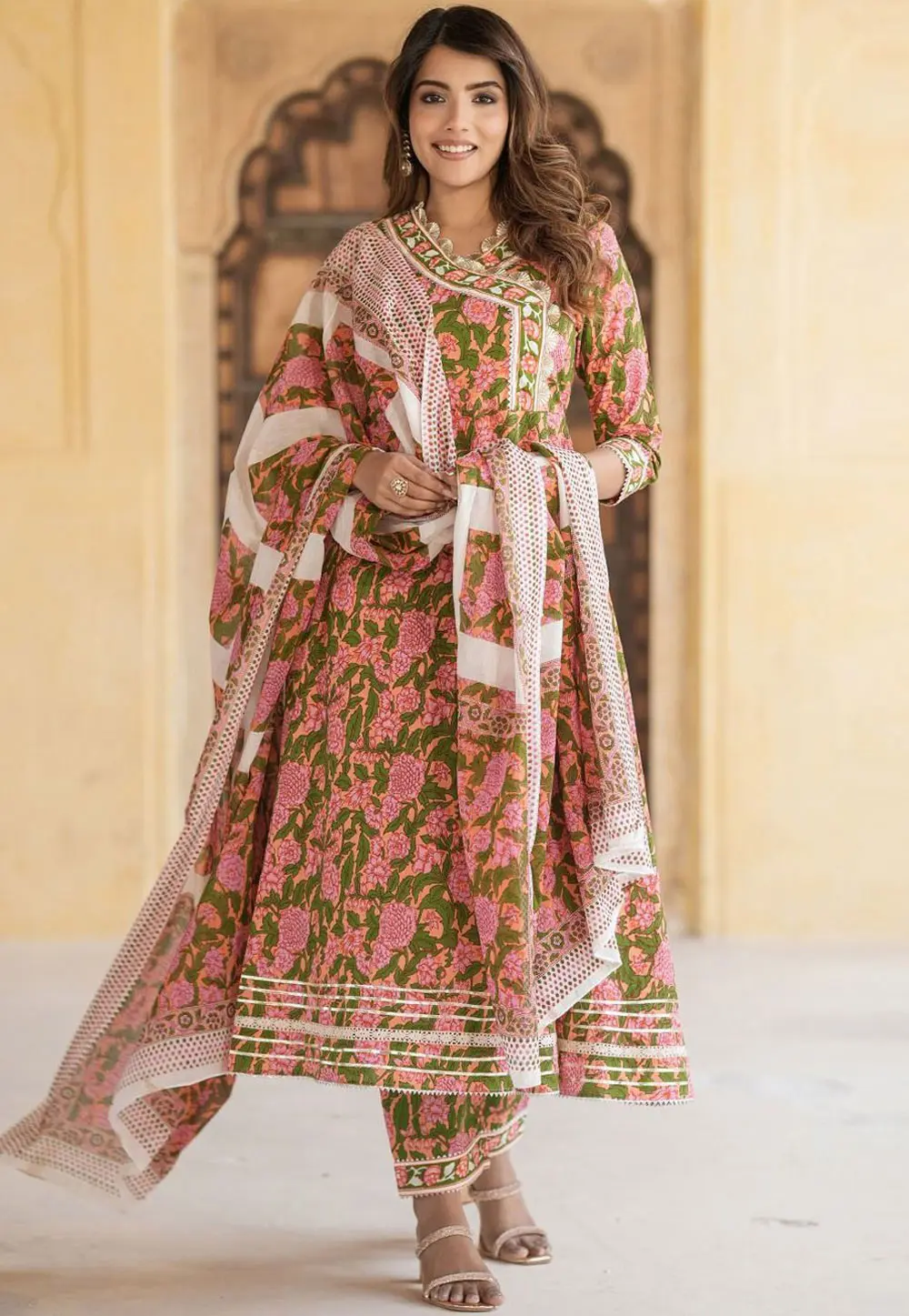 Pink Cotton Readymade Anarkali Suit 302901