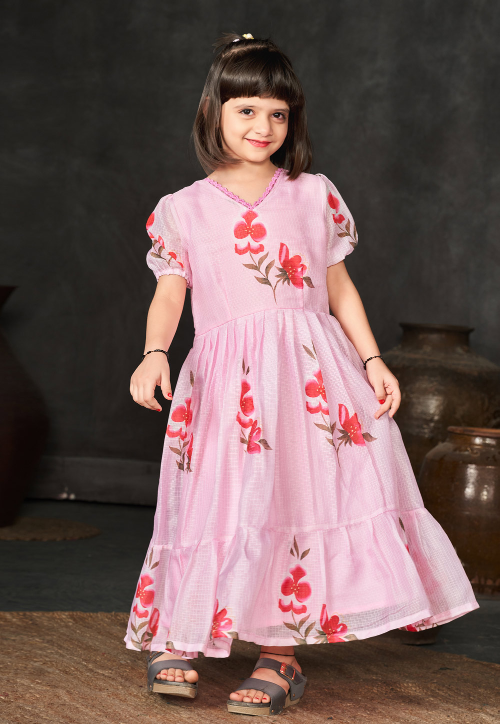 Pink Cotton Readymade Kids Gown 284482