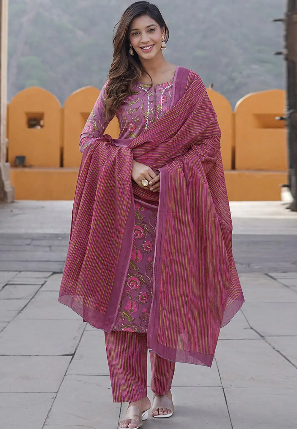 Pink Cotton Readymade Pakistani Suit 303873