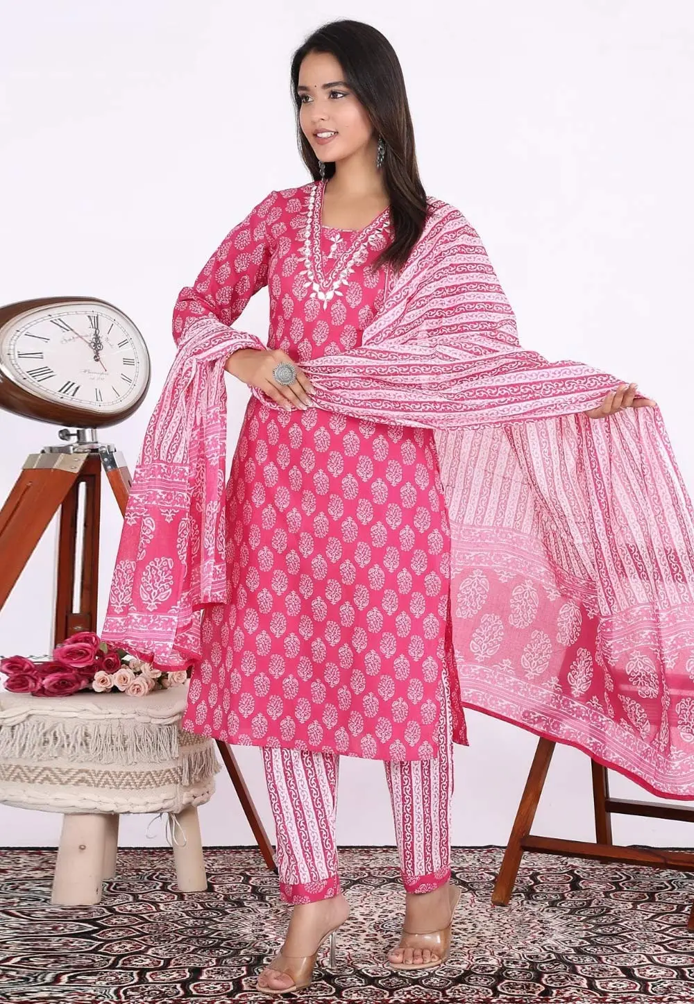 Pink Cotton Readymade Pakistani Suit 304601