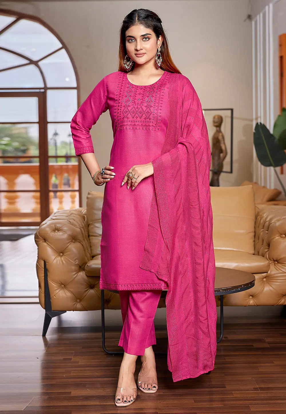 Pink Cotton Readymade Pakistani Suit 303211