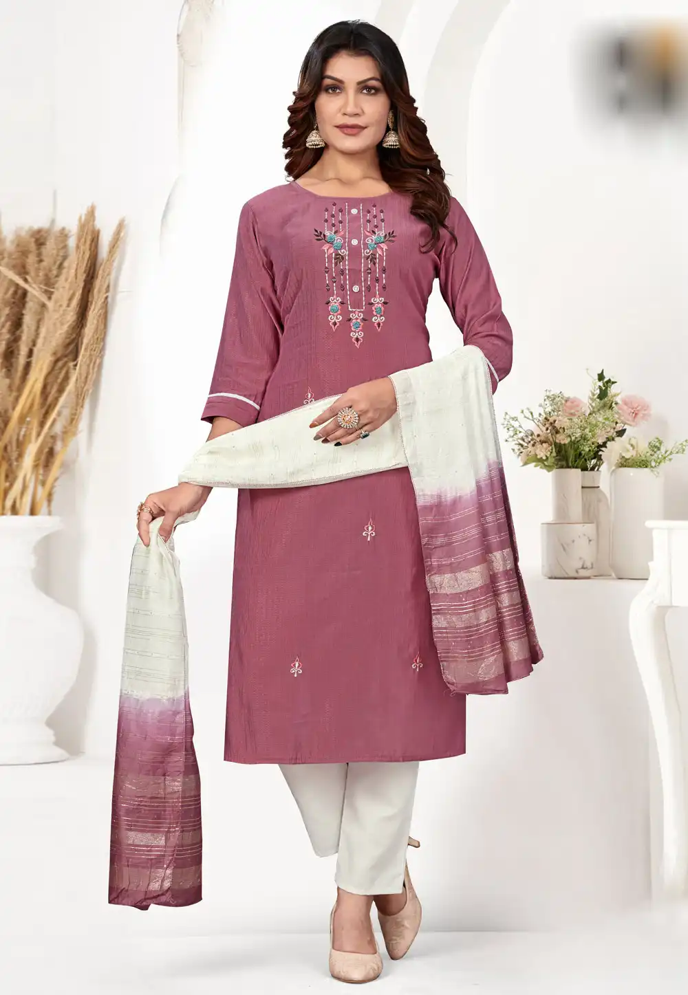 Pink Cotton Readymade Pakistani Suit 294271